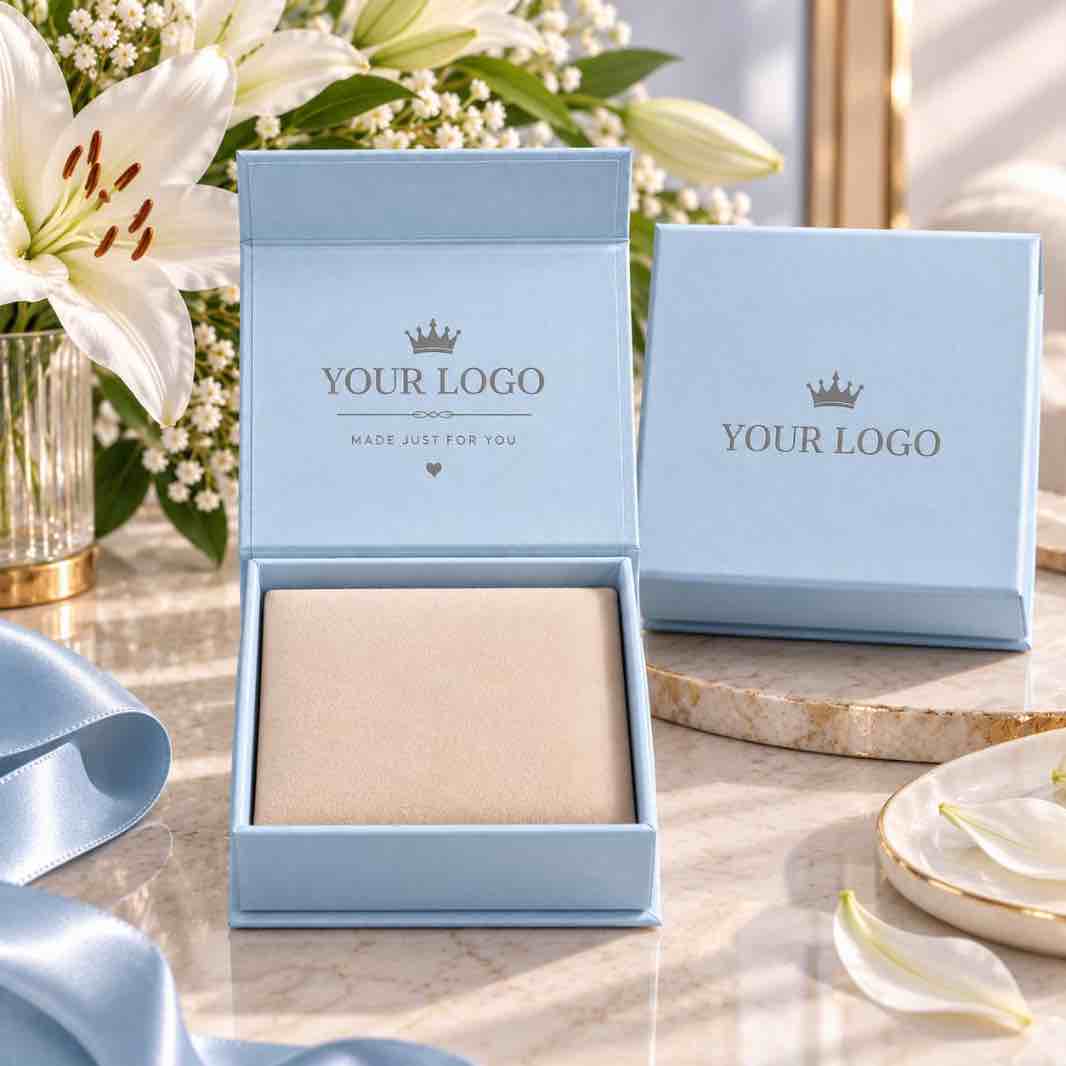 Sky blue custom logo magnetic rigid gift box with foam insert, open and closed view