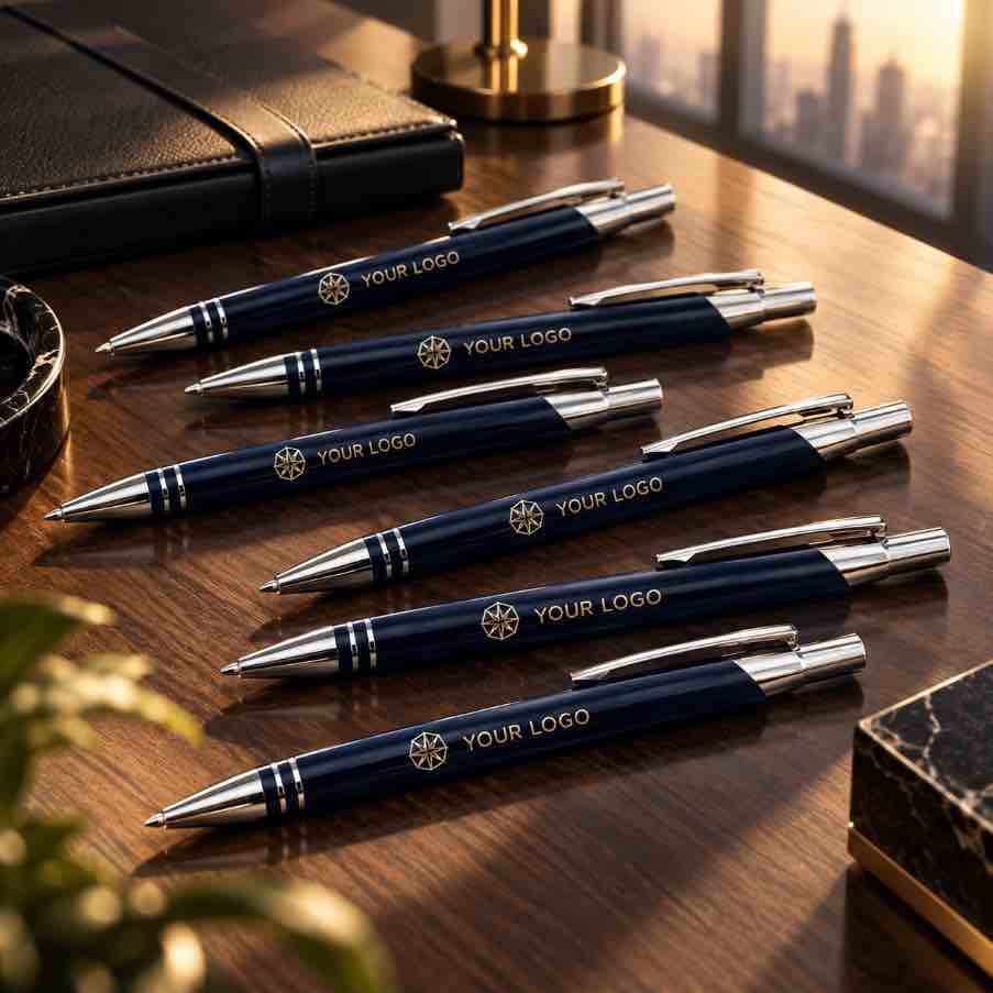 personalized ballpoint pens with gold custom logo detailing arranged in a fan-style display on a cream luxury tabletop, with an elegant gift box in the background, ideal for premium corporate gifting.