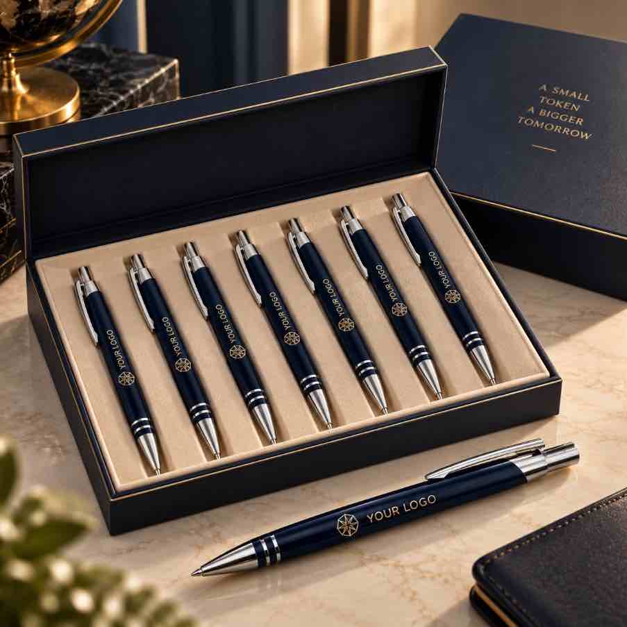 Luxury navy blue customized pens with gold YOUR LOGO branding presented inside an elegant premium gift box, with one pen displayed in the foreground, perfect for personalized corporate gifts, employee gifts, client gifts, and executive gifting.