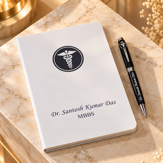 Personalized white medical notebook and black pen with caduceus emblem displayed on a cream marble surface as a luxury doctor gift.