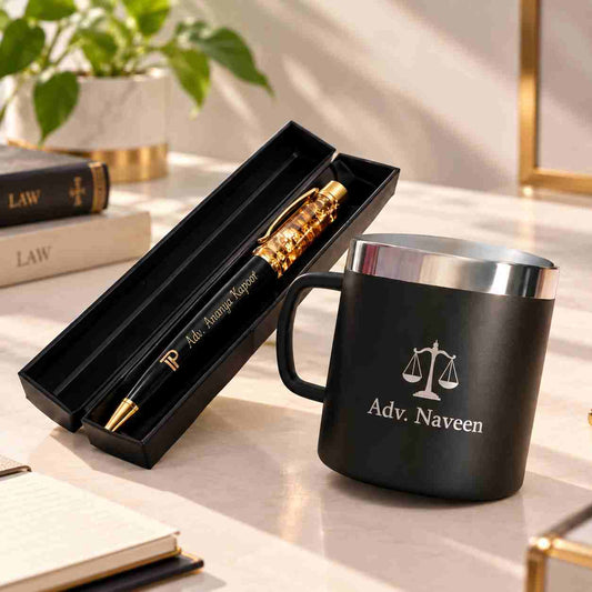Personalized black mug and gold pen gift set for corporate gifting by ANKX Bulk