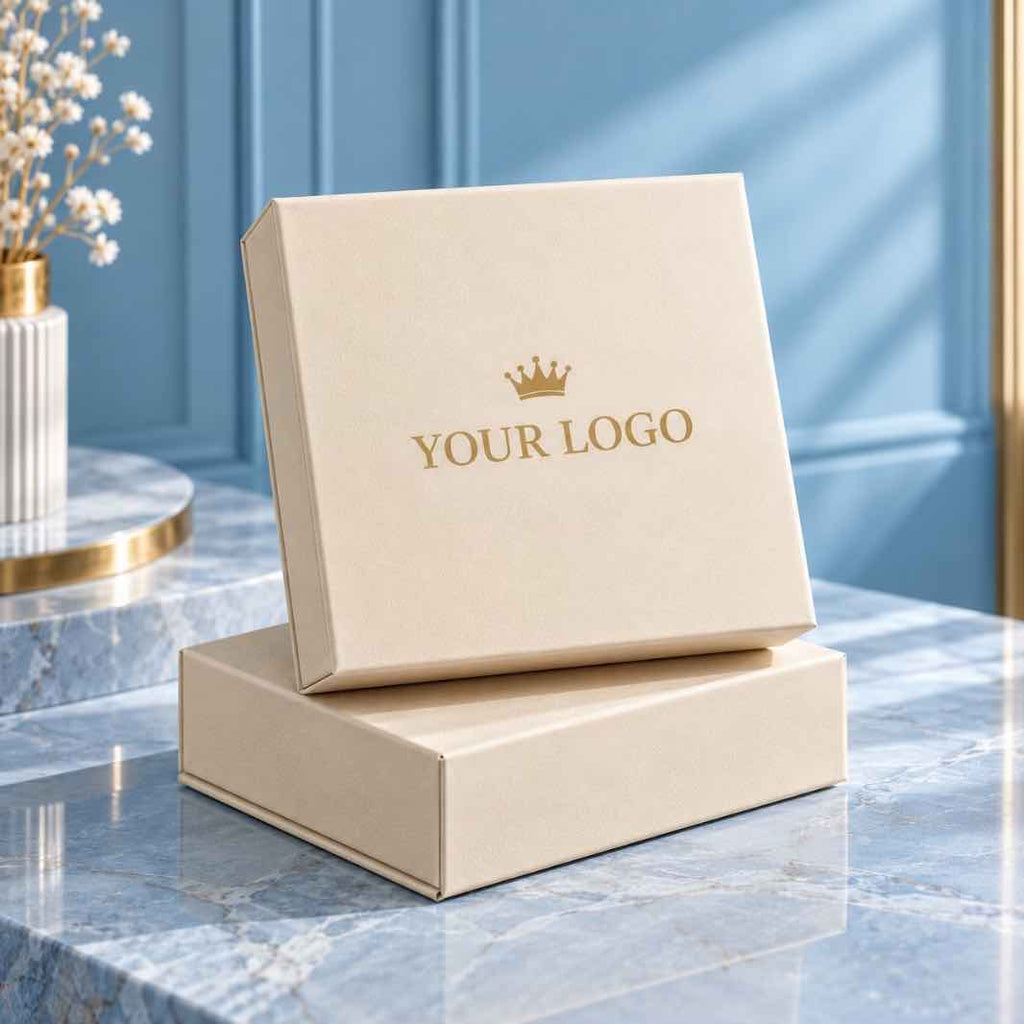 Premium cream sliding gift box with gold crown and YOUR LOGO showcased against a sophisticated light blue marble background.