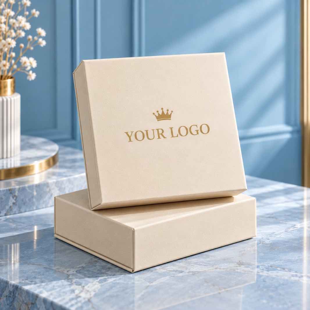 Premium cream sliding gift box with gold crown and YOUR LOGO showcased against a sophisticated light blue marble background.