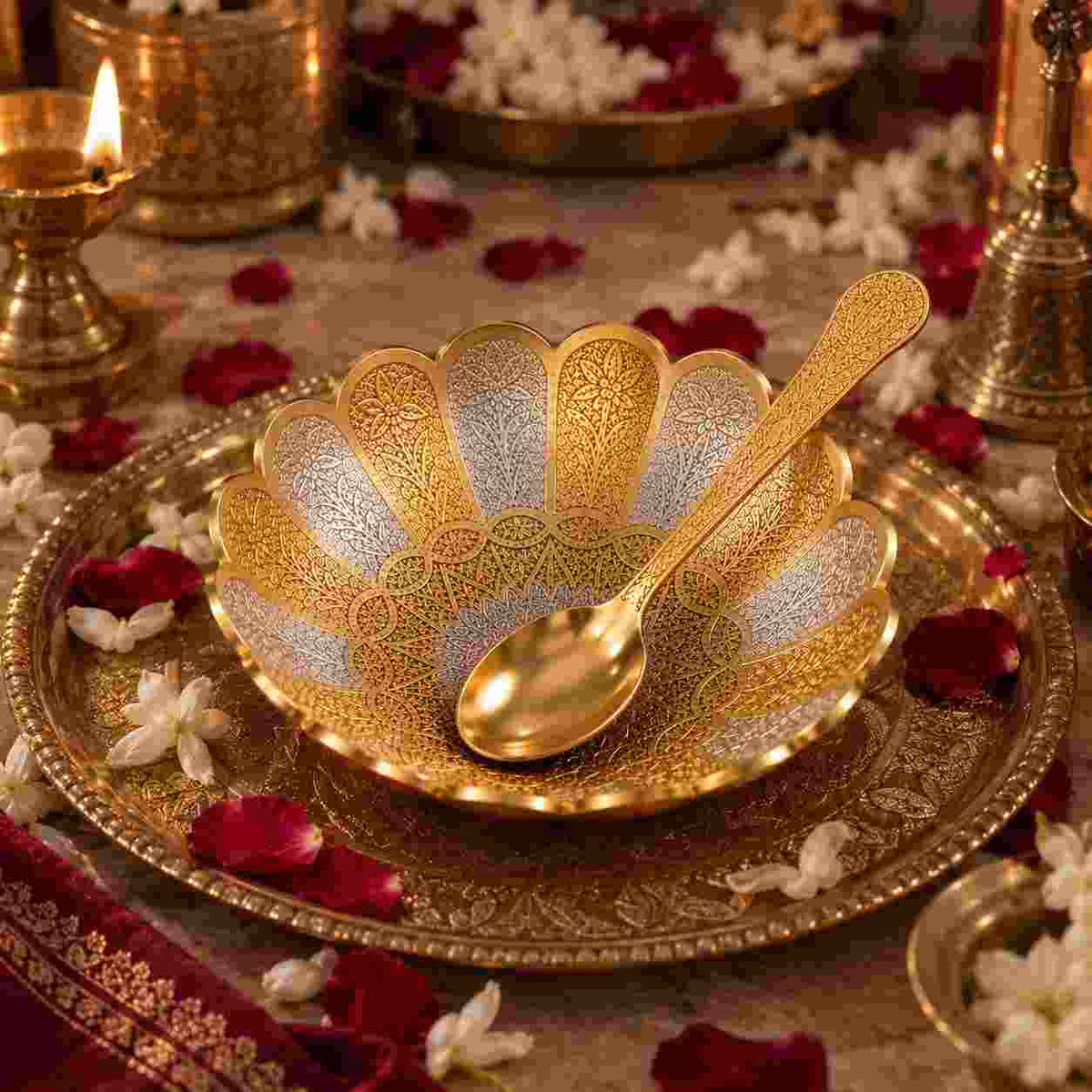 An ornate gold-toned bowl with a matching spoon, for the bulk order at ankx .