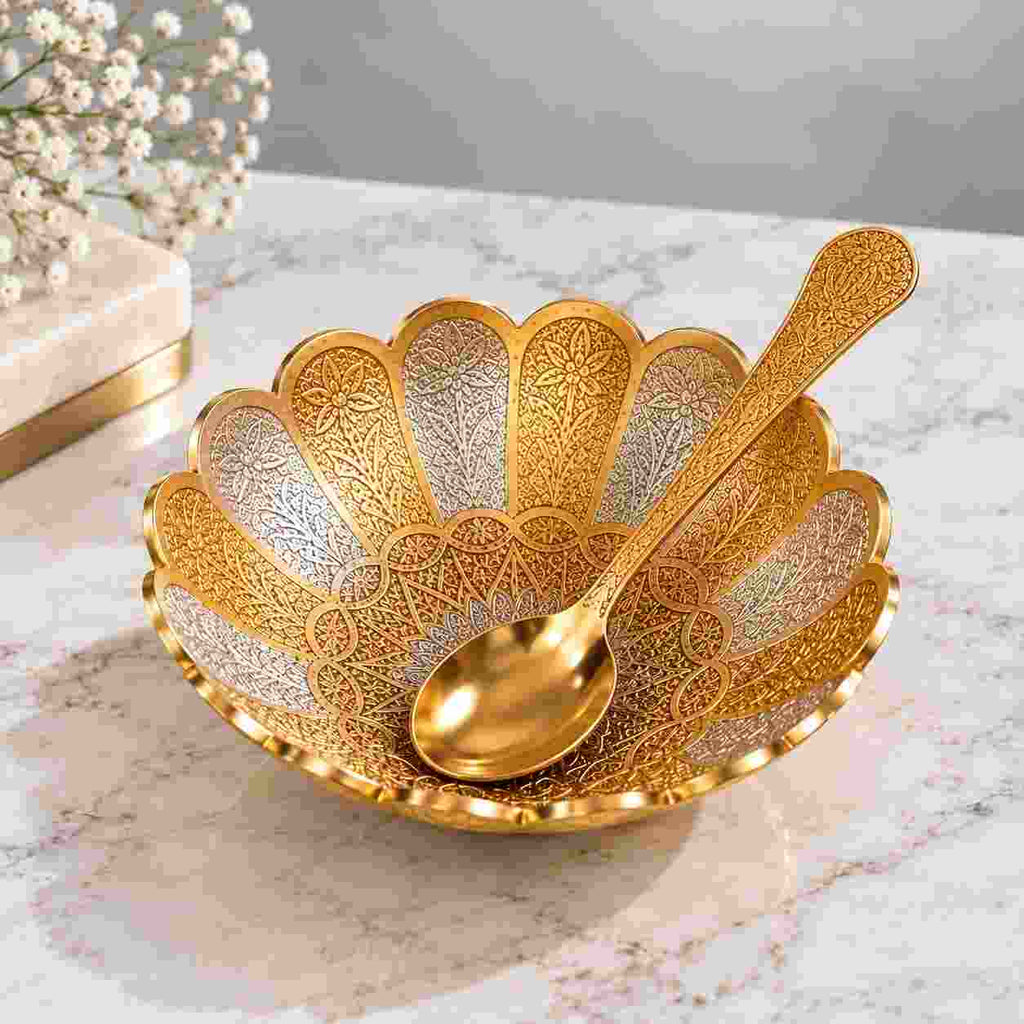 german silver bowl set with decorative  a matching spoon, bulk order at ankx