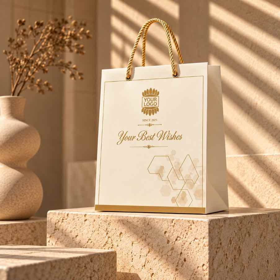 Luxury cream personalized gift bag with gold rope handles, gold “YOUR LOGO” branding, lotus-style emblem, “SINCE 2025,” “Your Best Wishes” script, and geometric gold detailing displayed on a warm-white travertine pedestal in a modern luxury setting.

