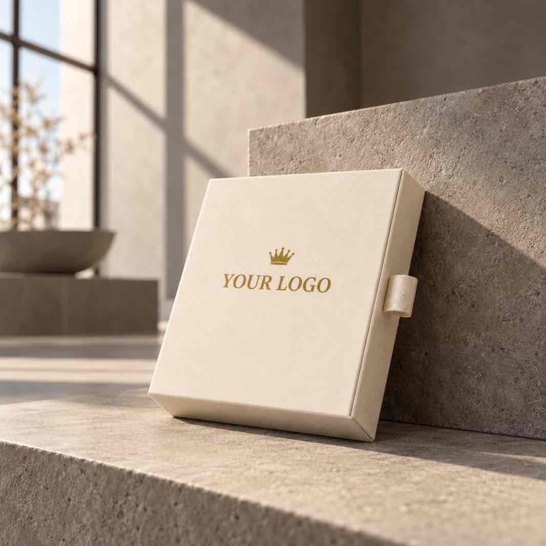 custom logo jewellery gift box closed with pull ribbon detail