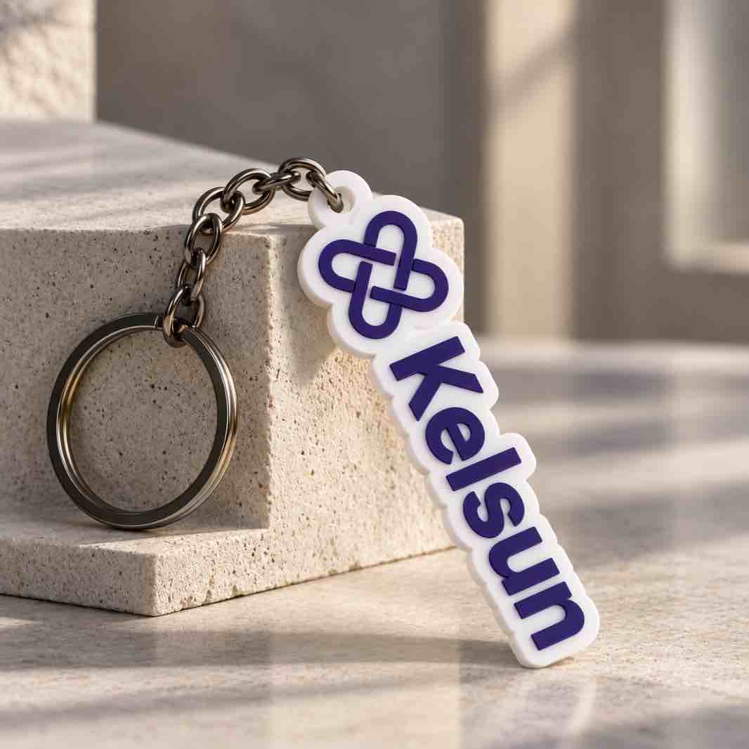A custom white and purple rubber keychain with the name 'Kelsun' and a knot logo, resting on a textured stone block.