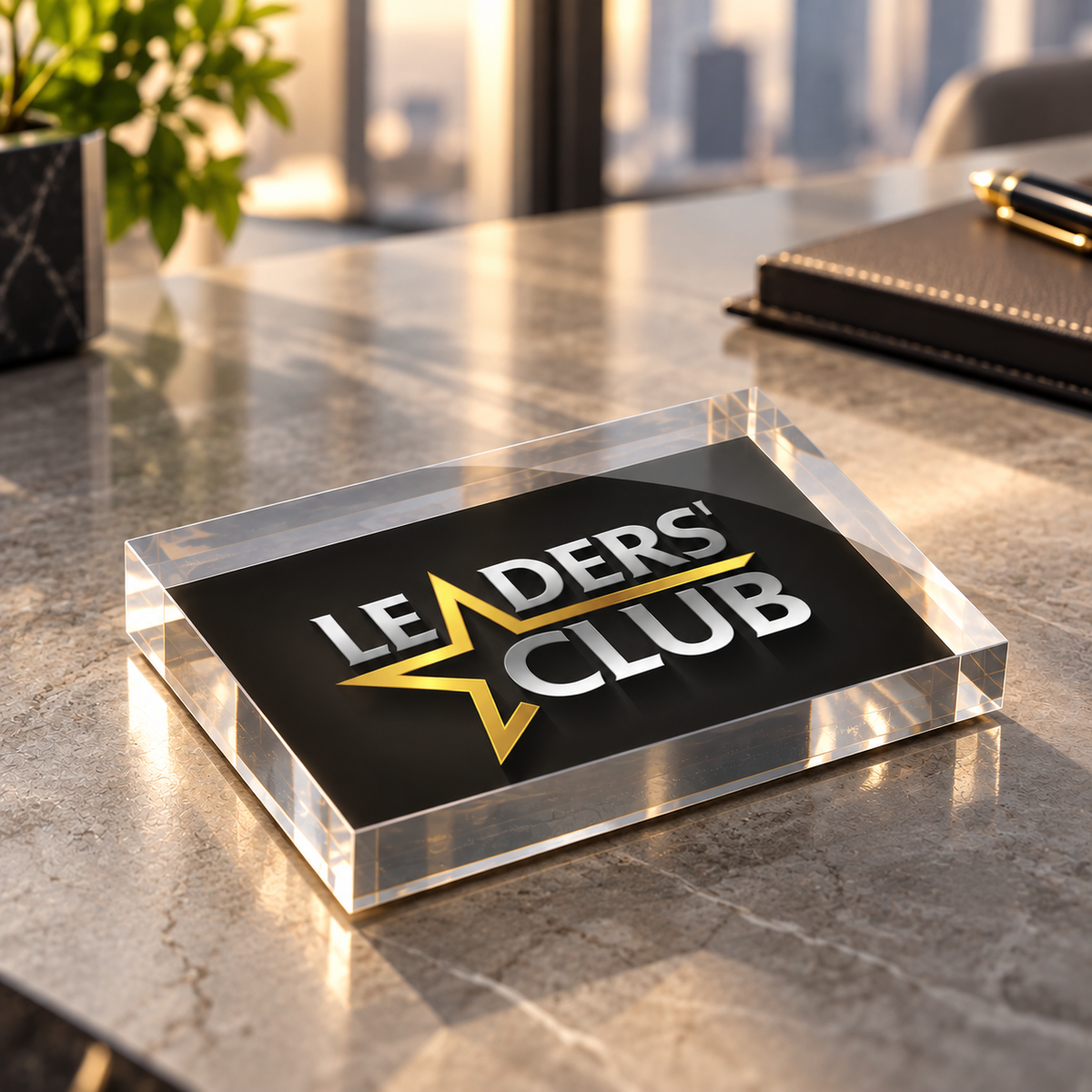 A clear acrylic nameplate block displaying 'LEADERS CLUB' in white and gold lettering over a black insert, placed on a polished gray marble desk with a blurred office background.