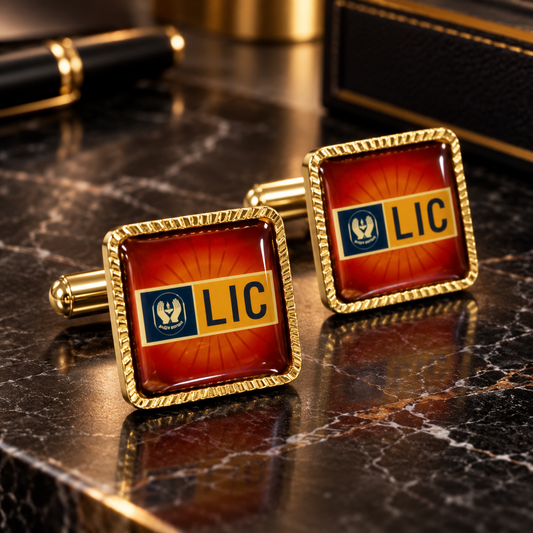 Pair of LIC gold cufflinks with textured gold frames displayed on black marble with warm executive lighting