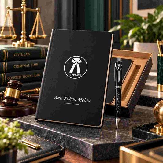 A black leather-bound notebook with a white circular 'Advocate' logo and the name 'Adv. Rohan Mehta' stands on a dark marble surface, styled with a matching black pen, wooden box, gold-toned law books, gavel, and scales in an office setting.