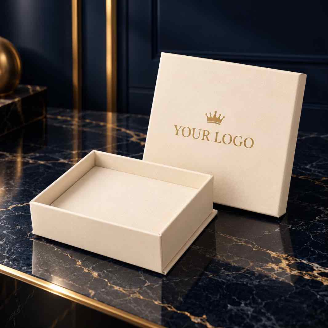 A cream-colored square product box with a gold crown logo and the text 'YOUR LOGO' on the lid, leaning against a textured stone wall in a modern interior setting.