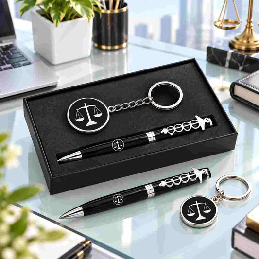 A black and silver pen and keychain set with a circular scale of justice emblem, displayed in a black presentation box on a glass desk with office props.