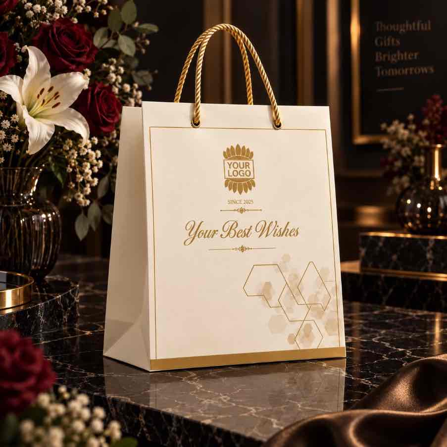 Elegant cream personalized gift bag with gold “YOUR LOGO,” lotus emblem, “SINCE 2025,” and “Your Best Wishes” lettering displayed on dark marble with burgundy roses and warm golden luxury décor.