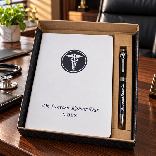 Personalized medical notebook and black pen gift sets arranged in bulk on a premium marble table for doctors and healthcare corporate gifting.