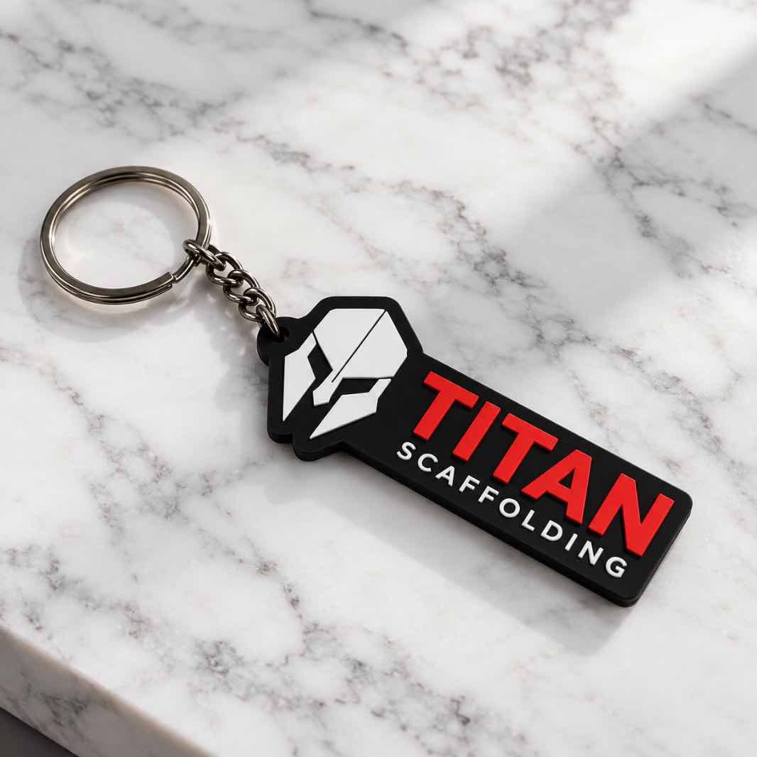 personalized keychain featuring a white helmet logo, red TITAN lettering, white SCAFFOLDING text, silver chain and keyring on white marble.
