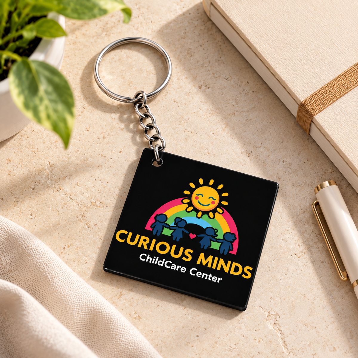 Personalized Curious Minds ChildCare Center black acrylic keychain with rainbow logo and silver metal ring on a beige textured surface