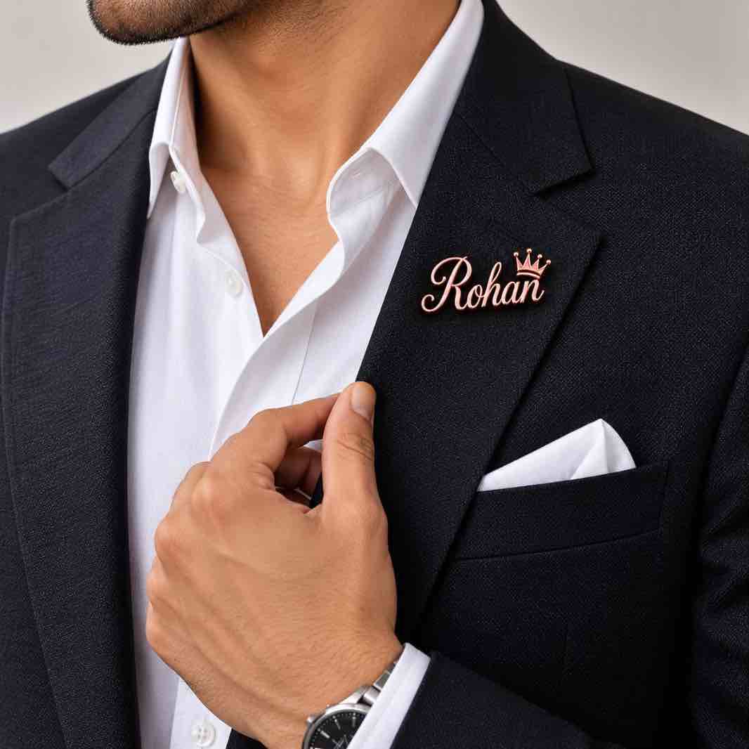 Rose gold personalized Rohan name brooch with crown detail worn on the lapel of a black men’s blazer with a white shirt.