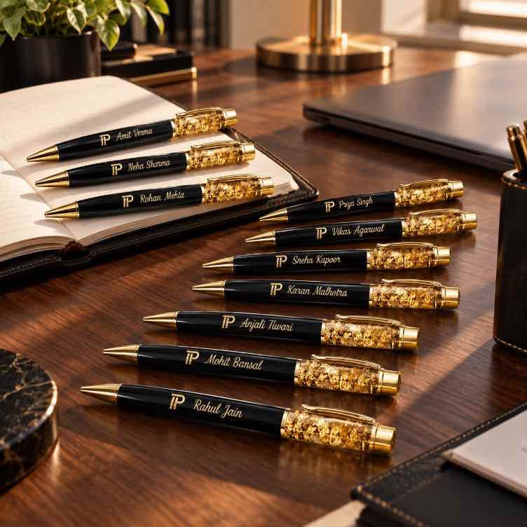 Custom black and gold engraved pens displayed on a walnut executive desk with a notebook and premium office accessories.