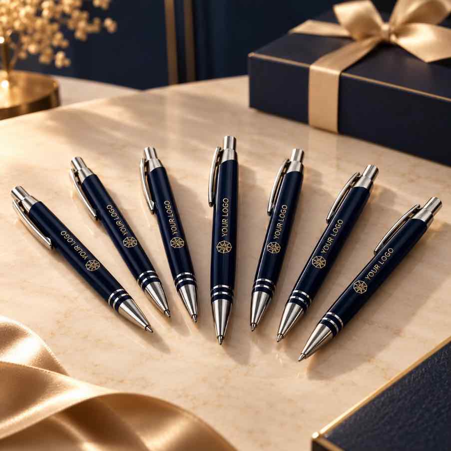 personalized navy blue pens featuring gold YOUR LOGO branding displayed on a luxurious wooden executive desk, perfect for corporate gifts, branded office stationery, business gifts, and promotional giveaways.