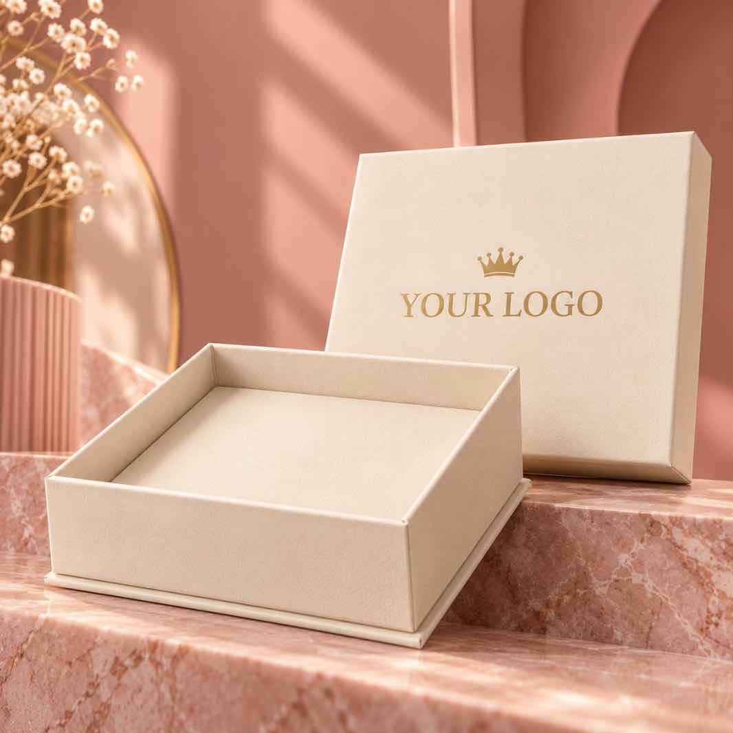 Cream luxury gift box displayed on a pink marble setting with gold crown branding and elegant premium packaging.