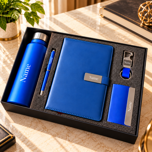 Luxury blue corporate gift set with personalized bottle, diary, pen, keychain and cardholder displayed in a premium black gift box.