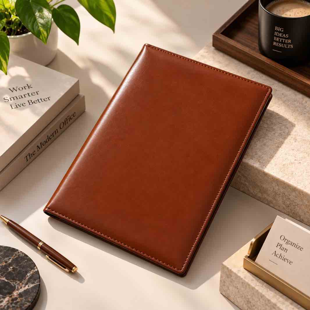 A brown faux-leather notebook cover or planner sleeve lies closed on a light tabletop, surrounded by styled office props including books, a pen, a card holder, and a candle in a real interior setting.