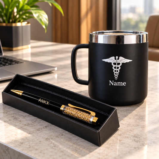 Premium black medical mug with white medical symbol and “Name” personalization beside an ANKX black-and-gold pen in a black presentation case on a luxury executive desk.