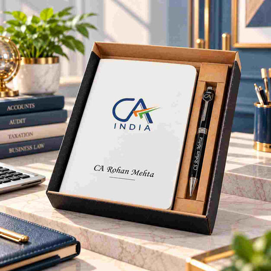 Personalized CA India notebook and pen gift box engraved with CA Rohan Mehta for corporate gifting