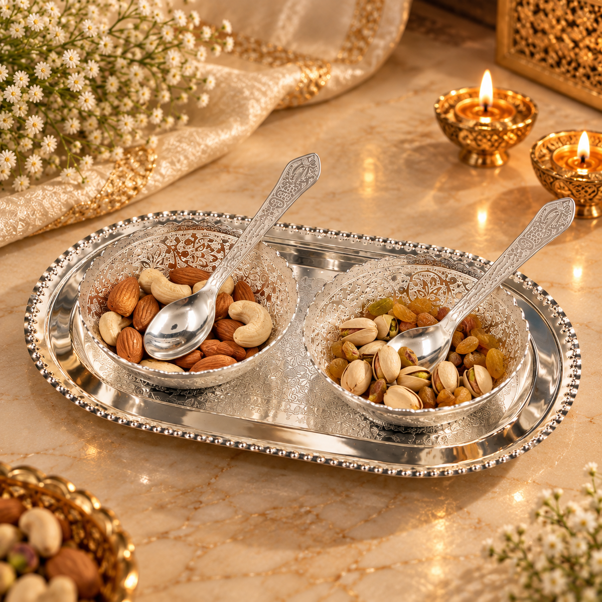 A decorative silver tray holding two small silver bowls filled with assorted nuts and dried fruits, each with a matching spoon. The scene is styled on a warm marble surface with lit candles, flowers, and gold-toned decor in the background.