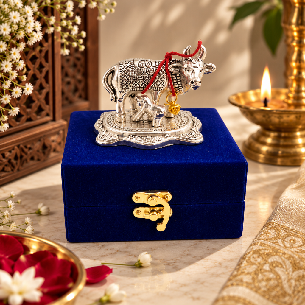 Ornate silver cow and calf religious idol with red thread and gold bell displayed on a royal blue velvet gift box, styled with traditional festive décor.