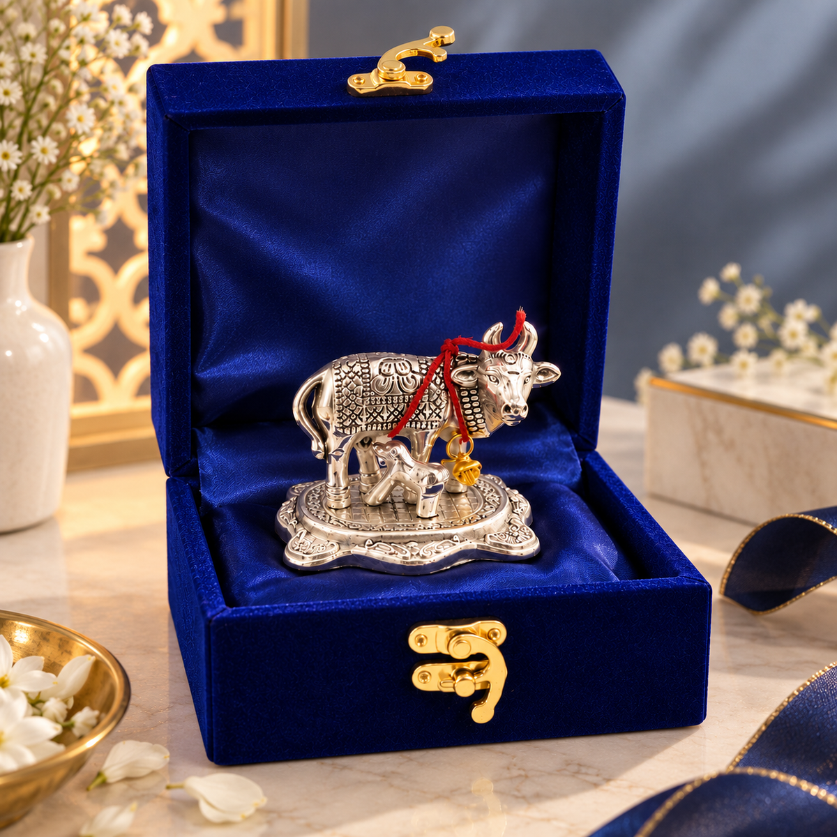Silver cow and calf religious showpiece with intricate detailing, red thread and gold bell displayed inside a royal blue velvet gift box on an elegant festive setup.
