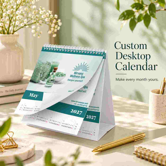 Personalized photo desktop calendar featuring a couple and February 2027 calendar page displayed on a peach and cream workspace with greenery and stationery.