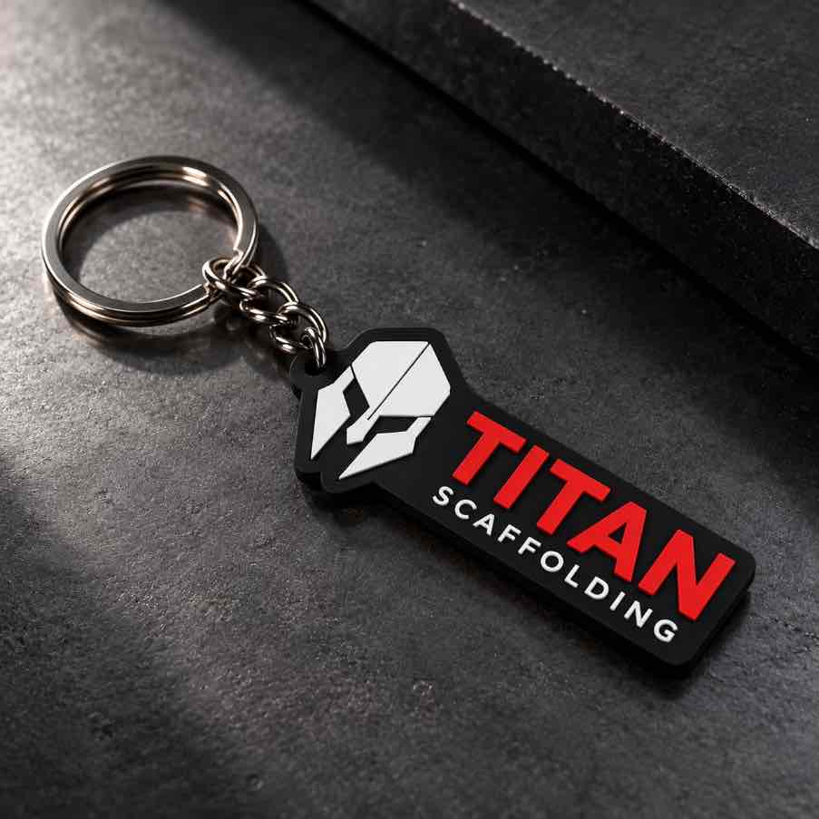 personalized keychain with red TITAN and white SCAFFOLDING lettering displayed on a dark textured surface with silver metal hardware.