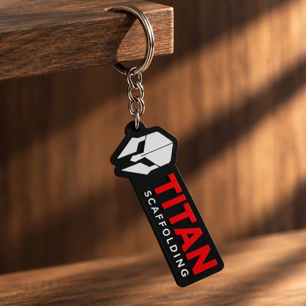 Titan Scaffolding keychain hanging from a wooden edge, featuring a black tag, white helmet icon, red TITAN lettering and silver metal keyring.