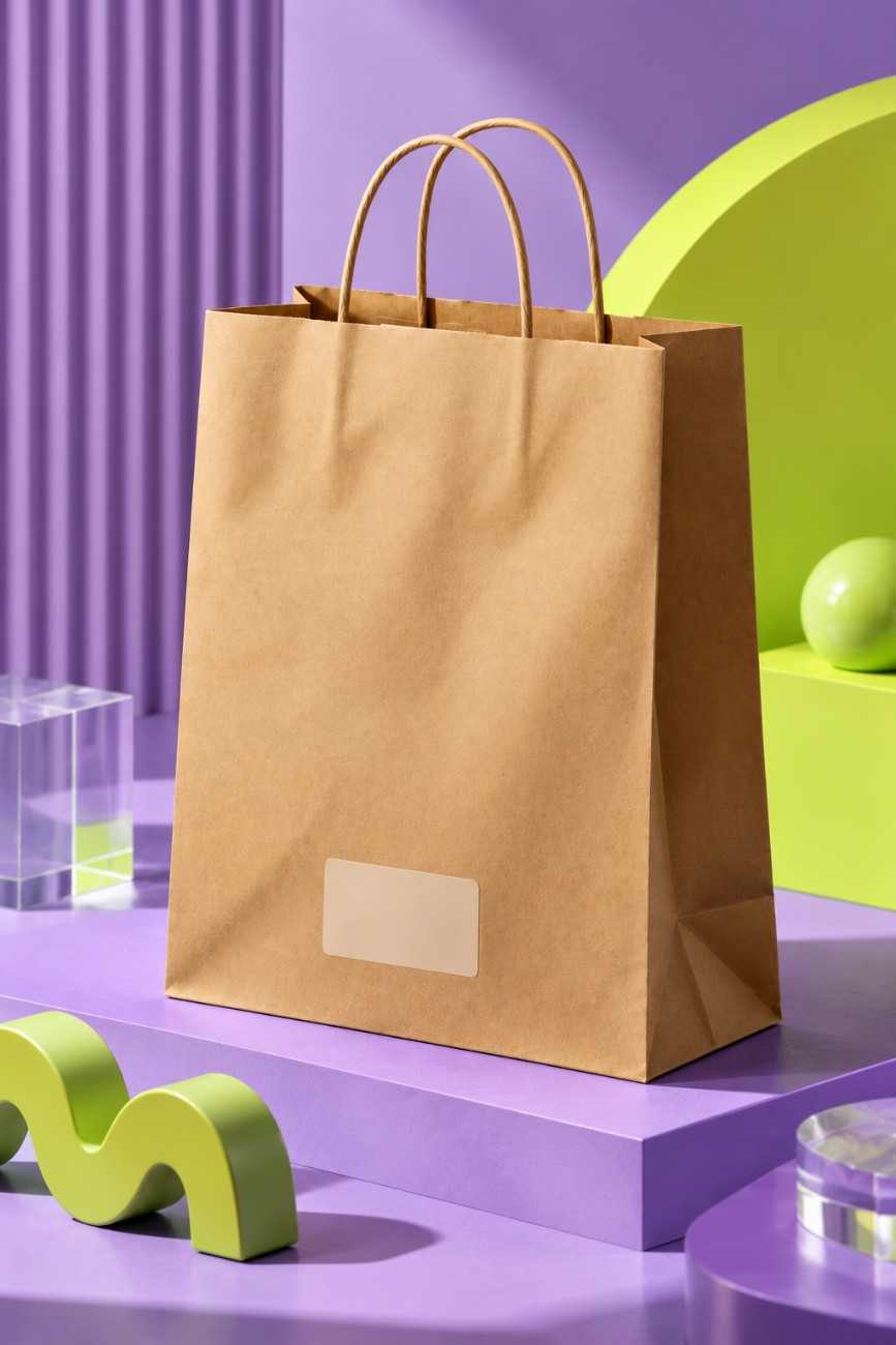 Brown kraft paper carry bag styled with lavender and lime green geometric elements in a modern product photoshoot