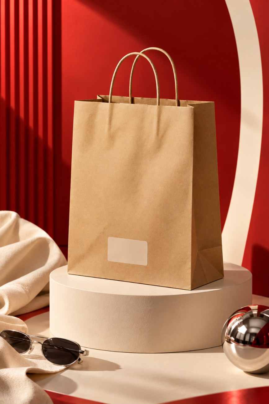 Brown kraft paper carry bag displayed on a cream pedestal against a cherry red fashion-inspired backdrop