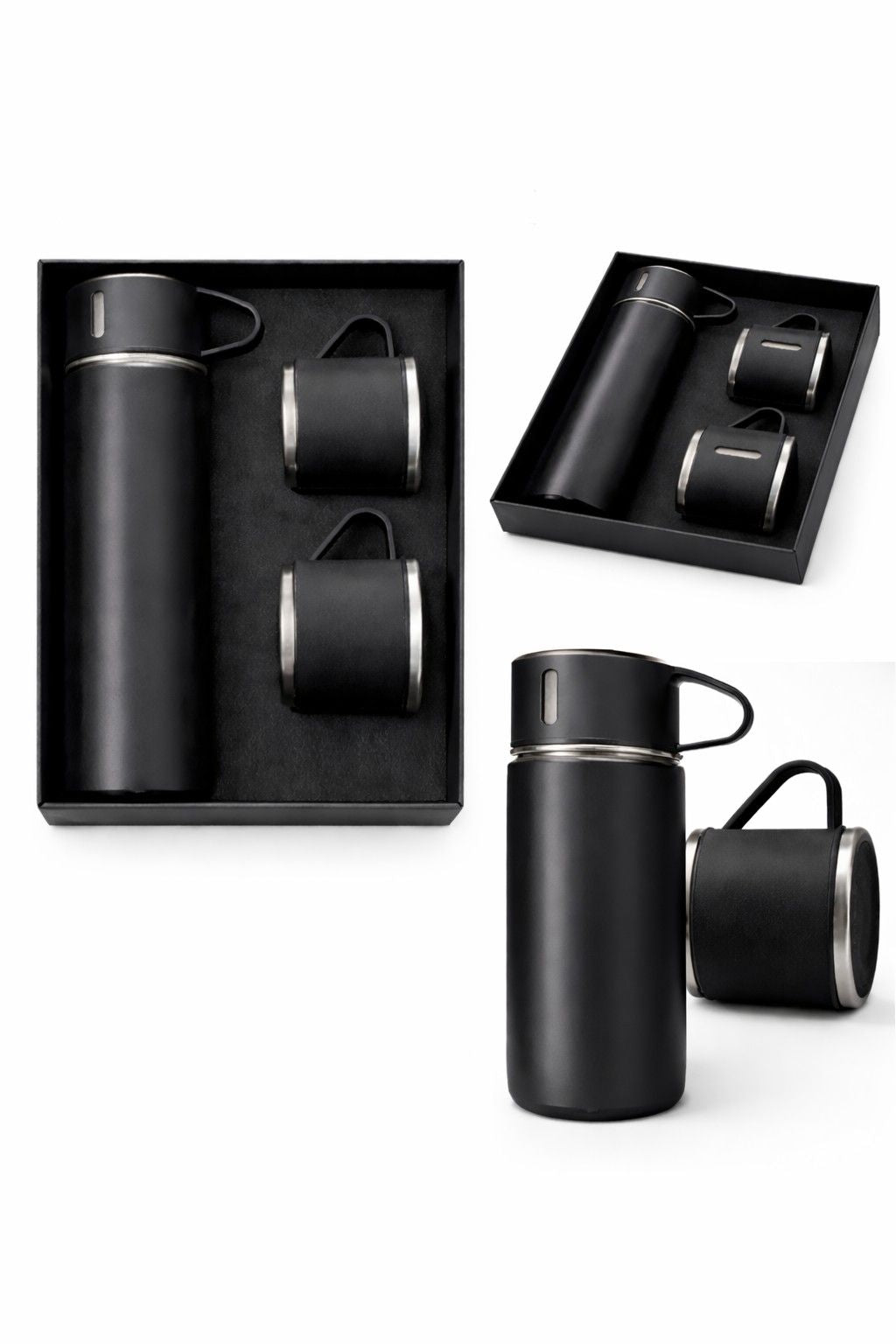 Black stainless steel bottle and mug combo gift set