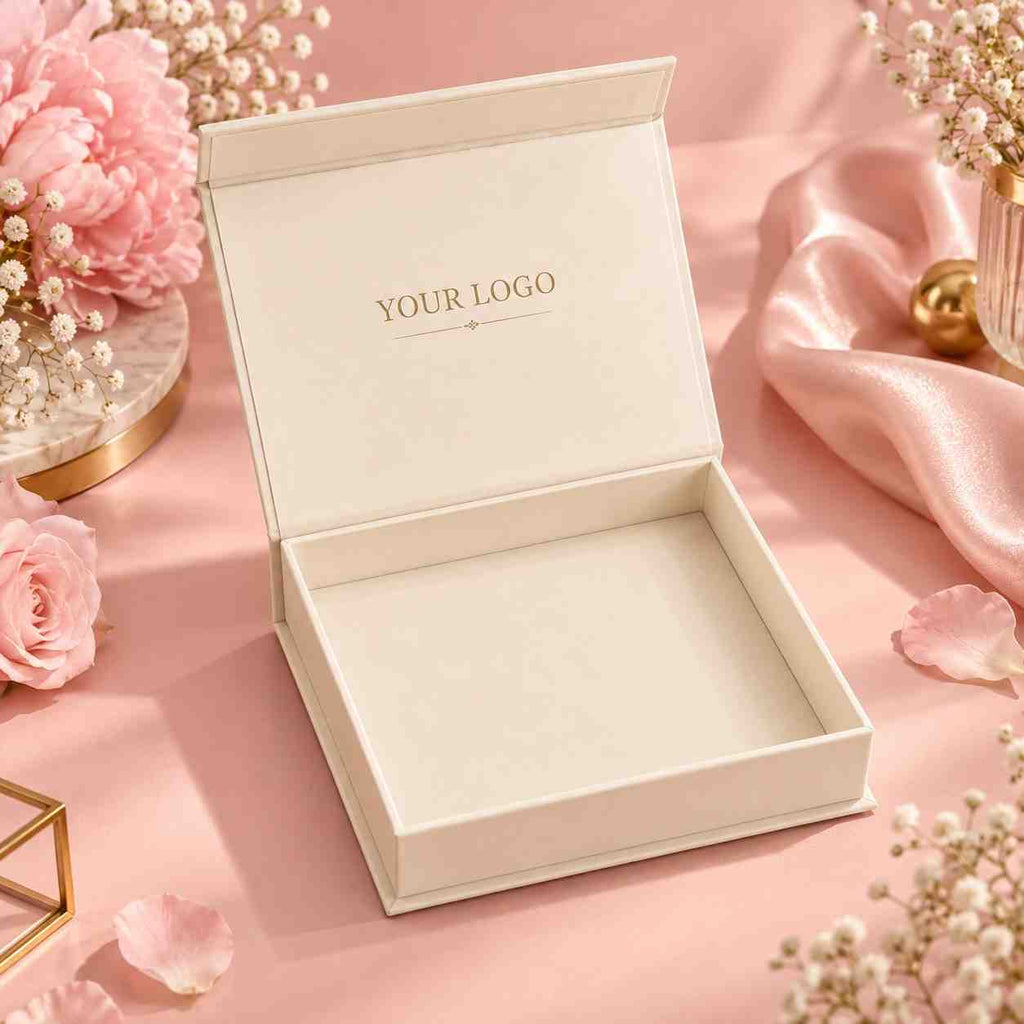 pink background Open cream gift box with custom logo on the lid, surrounded by pink flowers and ribbon on a soft pink backdrop.