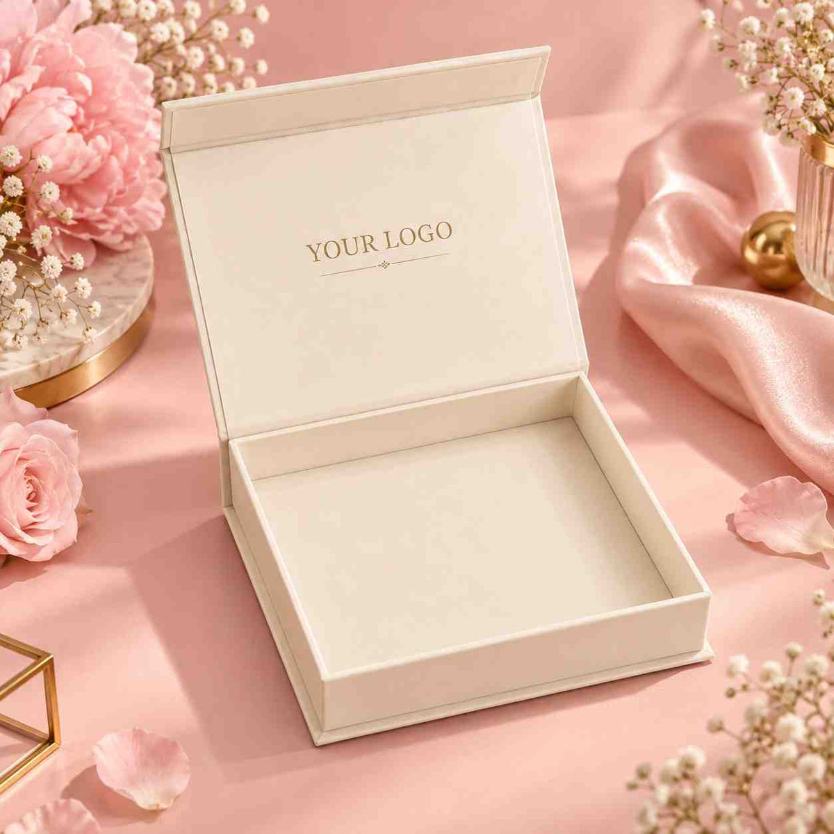 pink background Open cream gift box with custom logo on the lid, surrounded by pink flowers and ribbon on a soft pink backdrop.