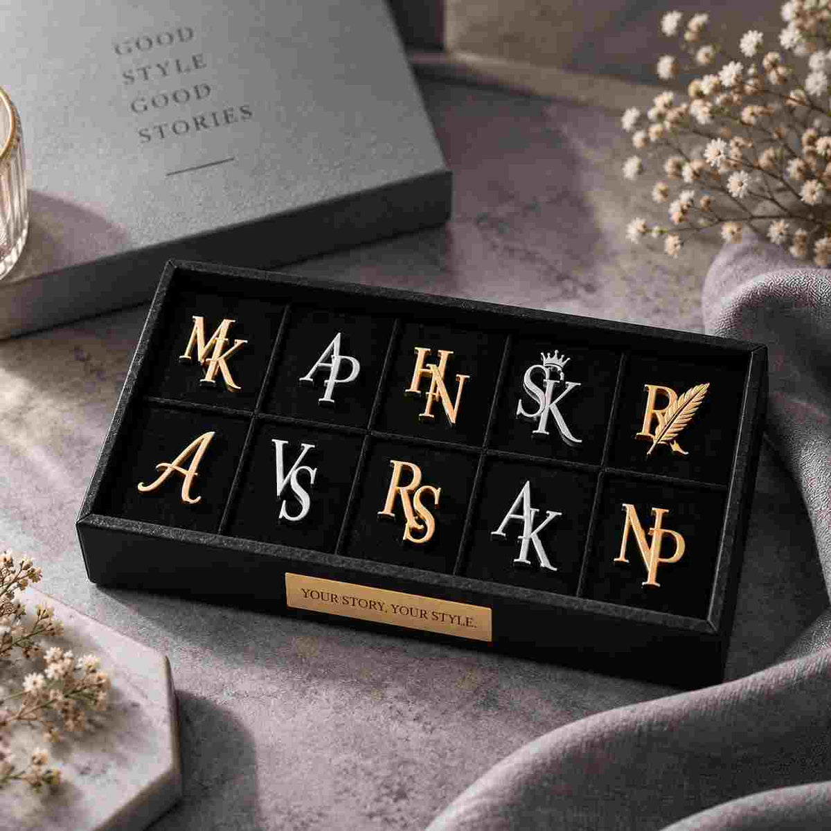 A black presentation box containing 12 custom monogram initial studs in gold and silver, styled on a textured mauve fabric with dried flowers and a gray book in the background.