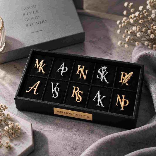 A black presentation box containing 12 custom monogram initial studs in gold and silver, styled on a textured mauve fabric with dried flowers and a gray book in the background.