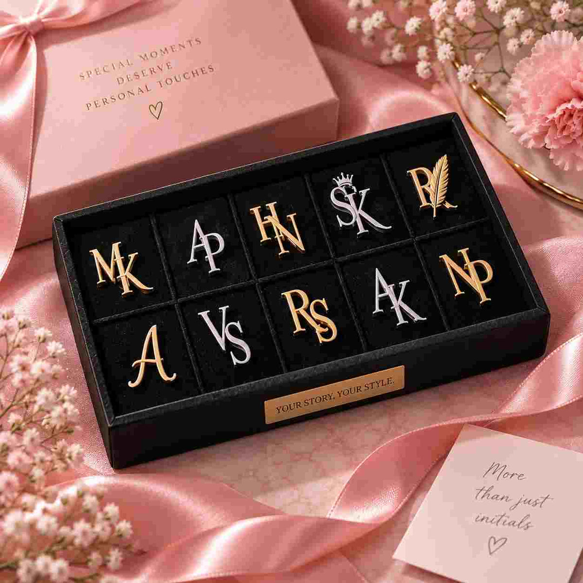 A curated collection of personalized letter brooches, available in gold and silver finishes to suit any style. Each initial pin is carefully arranged in a sleek black box lined with gold-accented labeling. The styling includes delicate dried flowers and a premium gift box, highlighting the brand's "Good Style, Good Stories" ethos. Ideal for adding a custom, monogrammed touch to outfits.