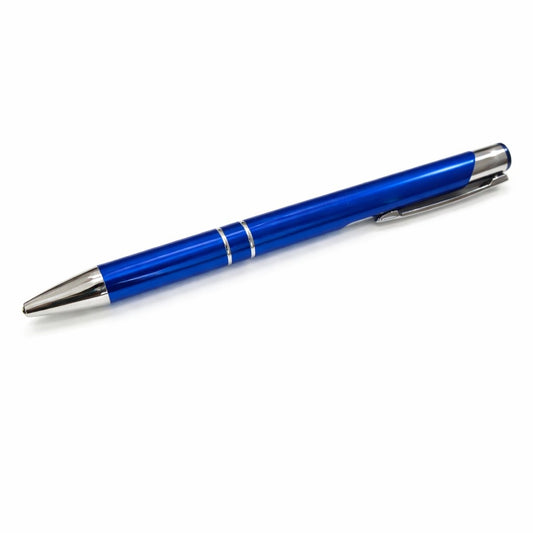 Bulk blue metal pen with logo engraving for corporate promotional gifting and marketing events.