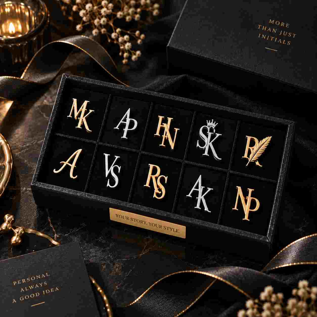 Custom initial brooches designed as elegant alphabet pins, offered in a mix of gold-tone and silver-tone finishes. The pins are displayed in an organized black tray, showcasing the full range of letter options. Styled alongside a luxury gift box and soft floral accents for a premium product presentation. A versatile accessory for personalizing jackets, scarves, or bags.