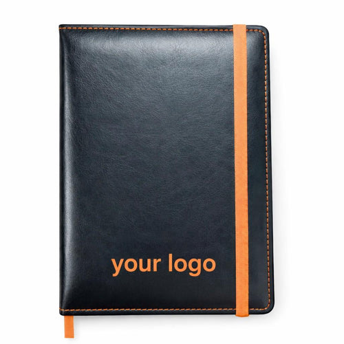 Black leather notebook with custom logo and orange elastic strap
