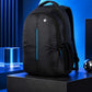 A black backpack with a vertical blue accent stripe and a small silver logo, displayed on a black pedestal against a blue studio background.