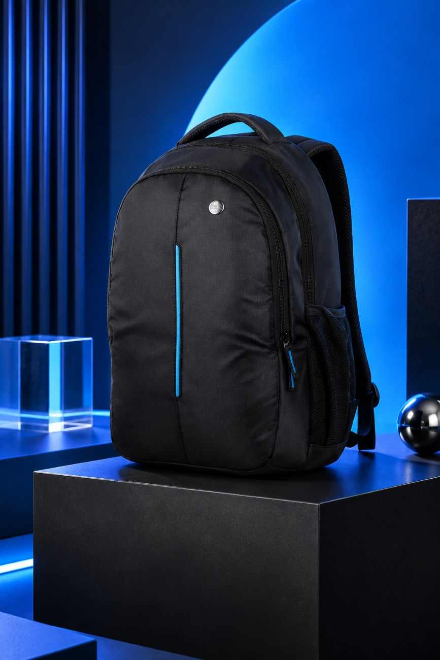 A black backpack with a vertical blue accent stripe and a small silver logo, displayed on a black pedestal against a blue studio background.