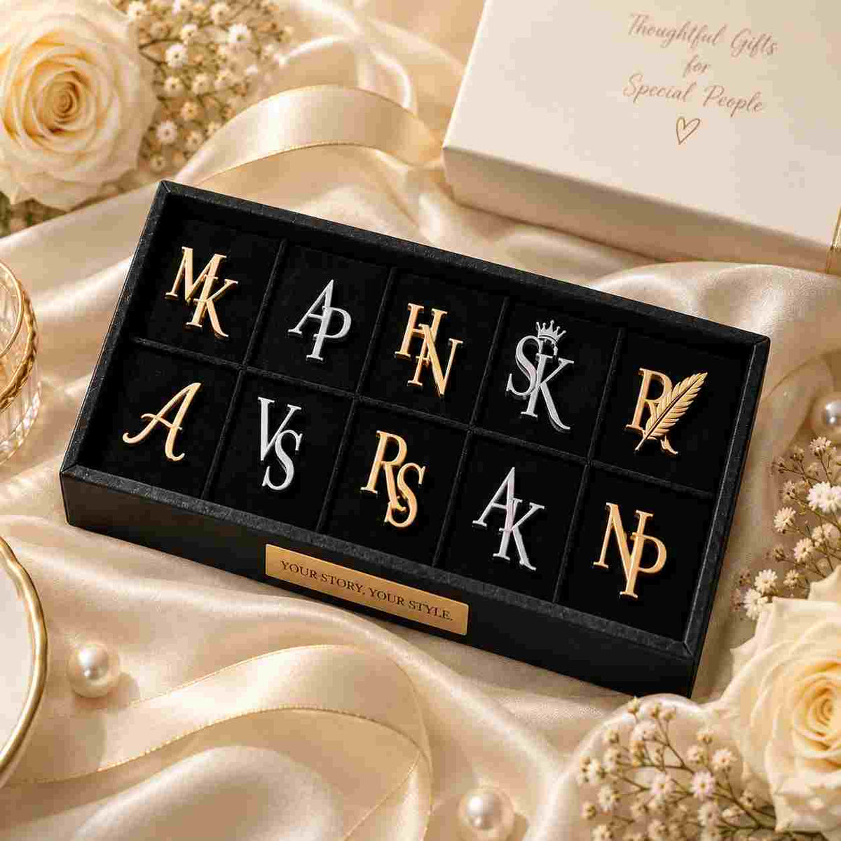 Personalized letter brooch pins arranged in a black velvet box, featuring bold initial designs in gold and silver. Each brooch offers a unique monogram option, making it a thoughtful custom accessory. The elegant styling with dried flowers and a branded gift box reflects a sophisticated, gift-ready presentation. A stylish way to add initials to any outfit or accessory collection.