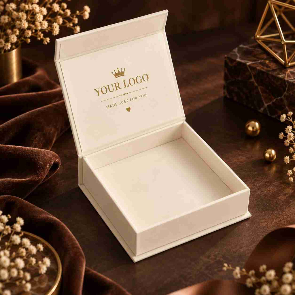 An open cream-colored square gift box with a gold crown logo and placeholder text on the inside lid, styled on a dark brown velvet surface with dried flowers and gold decorative accents.